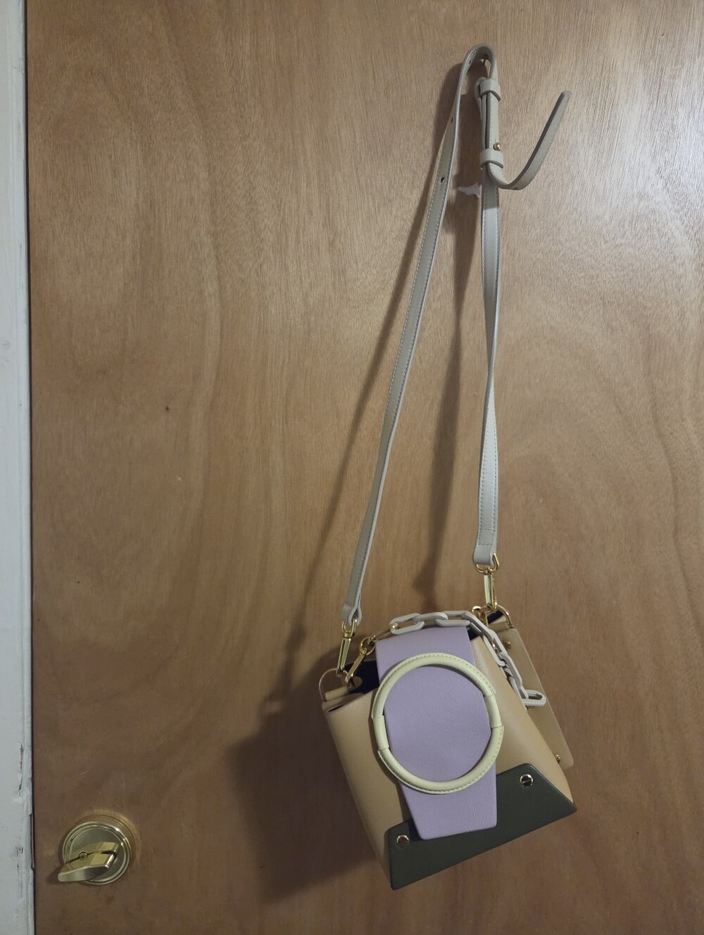 Gorgeous Yuzefi Cream & Lavender Crossbody Bag with Olive Accent